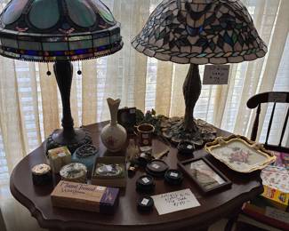 art glass lamps and antique Victorian parlor table