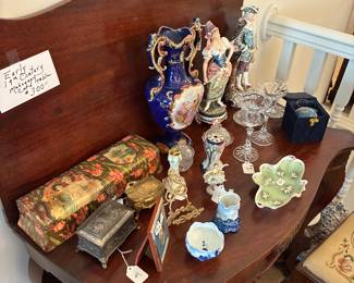 antique glove box, china figurines, 