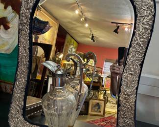 Very large turn of the century, Sterling, silver beveled mirror and sterling silver decanter from 1898