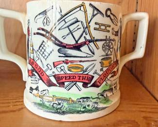 Antique Staffordshire "Farmer’s Arms" loving cup (a two-handled mug), likely dating to the mid-to-late 19th century (circa 1850–1880)