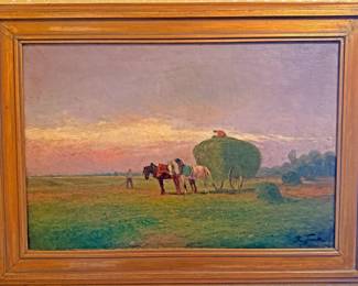 Pastoral landscape Painting by the artist R.J. Timmins, depicting a common 19th and early 20th-century theme known as "haymaking" or "loading the hay cart"
