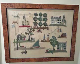 Vintage Nantucket Crewel Work Embroidery Featuring Village and Country Scenes 17 x 22 in