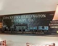 Stockton & Darlington Railway Co. Painted Wooden Sign with a Three Dimensional Metal Train Attachment 19 x 72 x 3 in