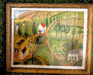 Americana folk art by the artist Kolene Spicher (often signed as "E. Lynn Spicher"). Titled "The Day The Cat Was Saved," it depicts a whimsical, primitive landscape of a rural community. The "story" of the painting is visible in the foreground tree: a cat is stuck on a high branch while a man on a ladder climbs up to rescue it, as neighbors watch from below.