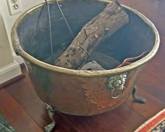 A Large Copper Cauldron with Brass Fittings including Claw Feet and Lion Bail Handles, 19th Century 18 x 24 in