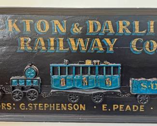 Stockton & Darlington Railway Co. Painted Wooden Sign with a Three Dimensional Metal Train Attachment 19 x 72 x 3 in