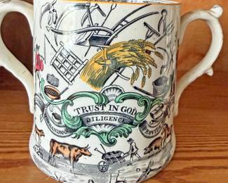 Antique Staffordshire "Farmer’s Arms" loving cup (a two-handled mug), likely dating to the mid-to-late 19th century (circa 1850–1880)