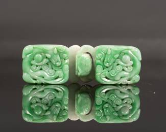 Chinese Carved 2 Piece Jade Belt Hook Chilong Dragon