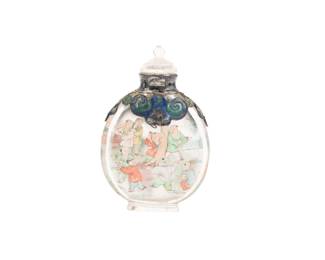 Chinese Inside Painted Glass Snuff Bottle with Enameled Silver Mount