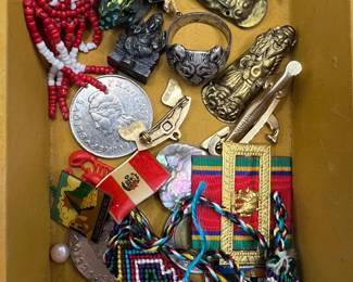 Jewelry & Coin Mystery Lot with Enamel Pins and Native American Style Beadwork