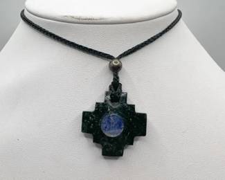 1” Sacred Stone Chakana Inca Cross Pendant Necklace with Lapis Lazuli Inlay