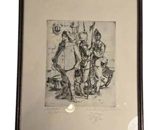 Framed Signed Intaglo Print Of Spanish Soldiers 17 X 14 