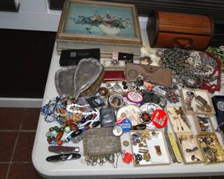 Silver brush and mirror set, jewelry boxes, pocket knives