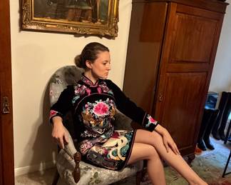 Vintage embroidered velvet Chinese, QIPAO dress.