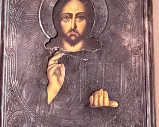 Antique Russian Orthodox icon of Christ, likely from 19th century.