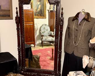 Vintage carved mahogany, beveled, Cheval mirror