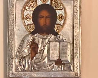 Antique Russian Orthodox icon of Christ, likely from 19th century.
