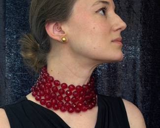Chanel five strand choker necklace, ruby glass beads