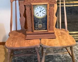 Vintage Mantle Clock Two Wood Chairs