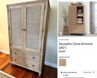 $500 Pottery Barn Sausalito Cane Armoire - like new