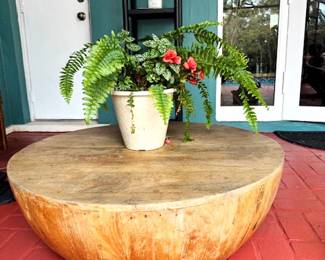$300 - 35" Wood Drum Coffee Table - Ready for a refresh sand and stain