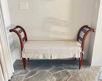 Upholstered carved wood bench with slip cover by Milling Road (Baker Furniture) 