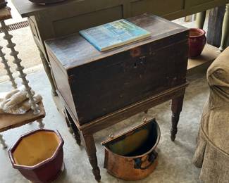 antique box/table, copper firewood holder