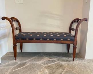 Upholstered carved wood bench by Milling Road (Baker Furniture) 