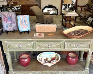 Mexican carved wood console table, Mexican ritablos, ceramic sink