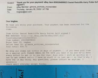 This lot features a signed photograph of actor Daniel Radcliffe. Comes with a statement of authenticity and original purchase receipt.