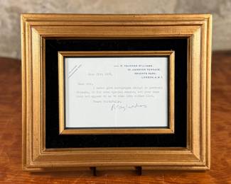 This lot features a humorous signed personal letter from influential English composer, Ralph Vaughan Williams. Accompanied with the envelope it came in, the letter professionally framed, & a certificate of authenticity. 