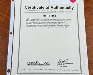 This lot features a signed personal letter from Mel Blanc circa 1988 with the original envelope and accompanied by a certificate of authenticity. 
