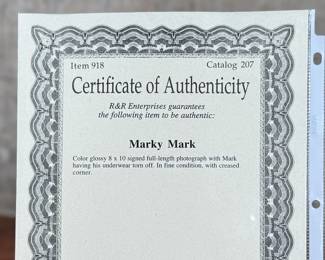 This lot features a signed photograph of actor Mark Wahlberg, also known as “Marky Mark”. Comes with a certificate of authenticity.