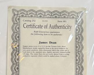 This lot features a professionally framed photo of James Dean along with a signed menu from the Terrace Grill. Accompanied with a certificate of authenticity. Measures in frame, 19” H x 23.5” W.