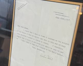 This lot features a professionally framed collectible display featuring the 1974 vinyl album of Holst: The Planets, conducted by André Previn with the London Symphony Orchestra. This piece also includes a signed letter by composer, Gustav Holst. Measures in frame, 19” H x 31” W.