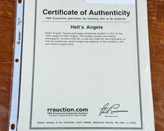 This lot features an original twenty-eight page promotional booklet from the 1930 release of Hell’s Angels. Accompanied with a certificate of authenticity. 