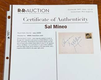 This lot features a signed 4” x 6” card by actor Sal Mineo. Comes in a display with a photograph of Mineo and accompanied with a certificate of authenticity. 