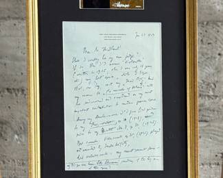 This lot features a professionally framed signed letter of composer, Erich Korngold on a personal letterhead circa 1954. The frame has some damage and cracks in the glass as shown in photos. Accompanied with a certificate of authenticity. Measures in frame, 26” H x 12” W.