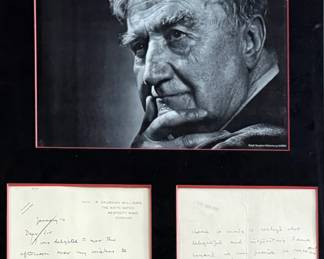 This lot features a professionally framed two-sided letter signed by composer, Ralph Vaughan Williams along with a LP by composer Sir John Barbirolli. Measures in frame, 31” H x 21.5” W.
