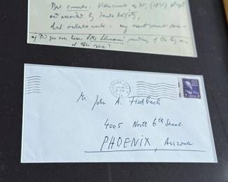 This lot features a professionally framed signed letter of composer, Erich Korngold on a personal letterhead circa 1954. The frame has some damage and cracks in the glass as shown in photos. Accompanied with a certificate of authenticity. Measures in frame, 26” H x 12” W.