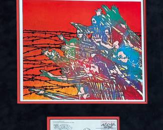 This lot features a professionally framed signed cachet by Russian Composer, Dmitry Shostakovich. Accompanied with a certificate of authenticity. Measures in frame, 25.5” H x 19.75” W.