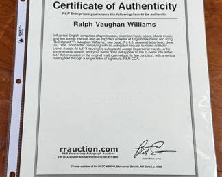 This lot features a humorous signed personal letter from influential English composer, Ralph Vaughan Williams. Accompanied with the envelope it came in, the letter professionally framed, & a certificate of authenticity. 