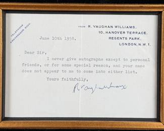 This lot features a humorous signed personal letter from influential English composer, Ralph Vaughan Williams. Accompanied with the envelope it came in, the letter professionally framed, & a certificate of authenticity. 