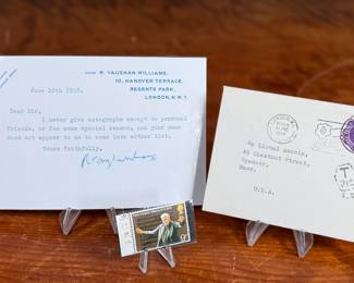This lot features a humorous signed personal letter from influential English composer, Ralph Vaughan Williams. Accompanied with the envelope it came in, the letter professionally framed, & a certificate of authenticity. 