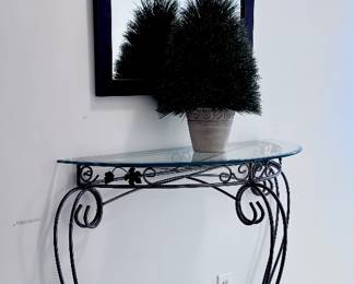 Glass Top Sofa Table, Mirror and Faux Tree