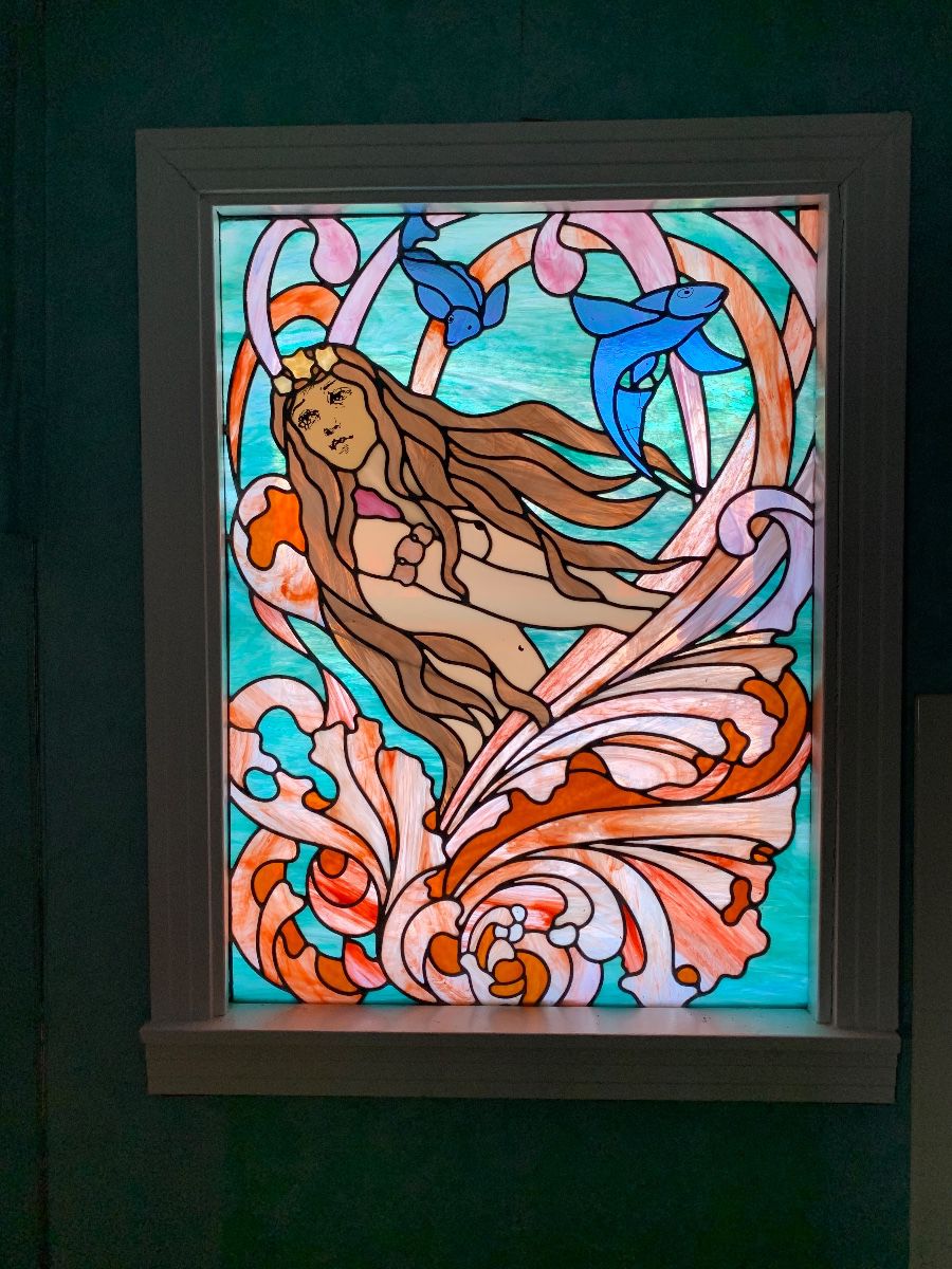 Beautiful custom stained glass panel of a mermaid