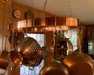copper pots and pans, hanging rack