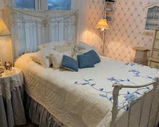full iron bed; blue and white
