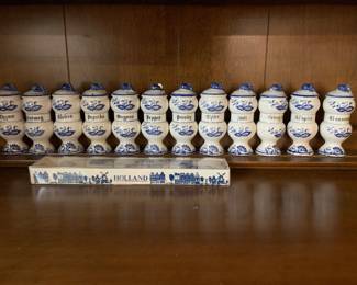 set of blue and white spice jars