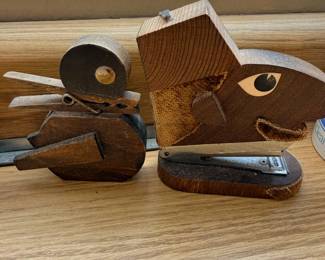 Vintage handmade wooden stapler and duck